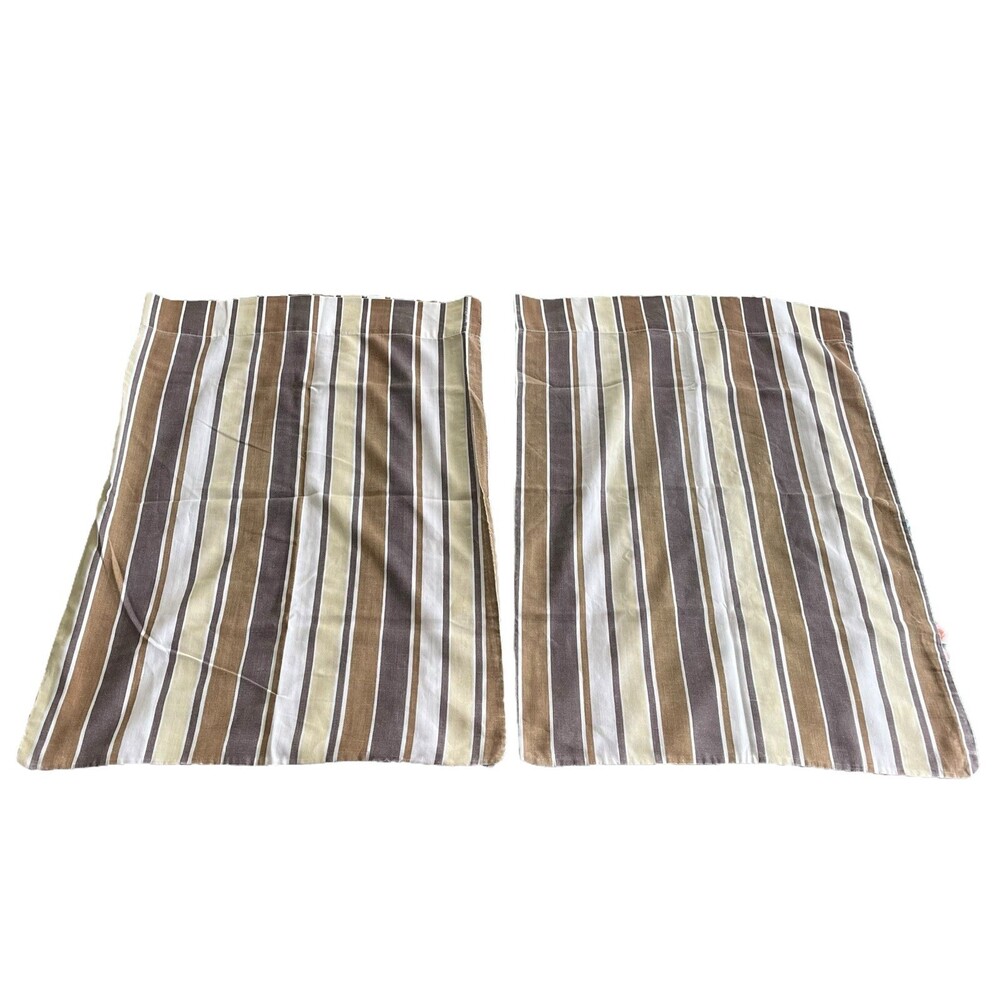 2 VTG Pequot Pillowcase Set Pair 70s 80s Brown White Striped Geometric USA